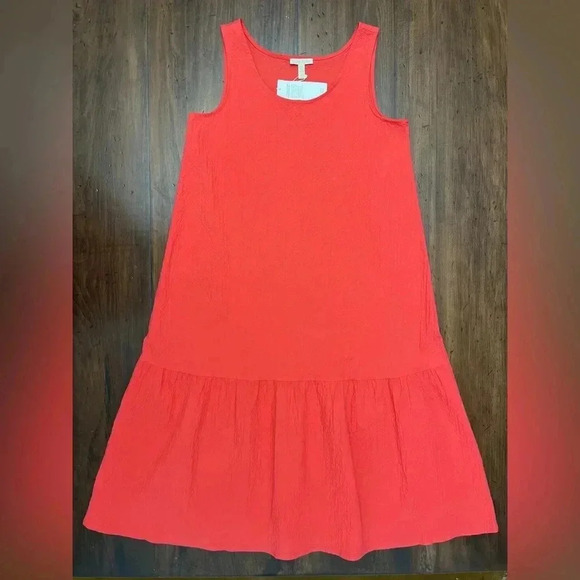 Eileen Fisher Organic Cotton Pucker Tiered Dress Midi Watermelon Sz XS Flowy - Picture 4 of 12
